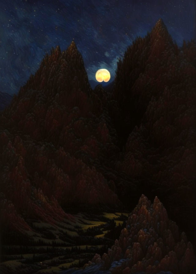 Moonlit night landscape with tall dark pine trees and starry sky.