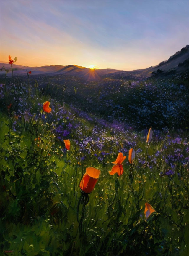 Tranquil sunset landscape with vibrant wildflowers and poppies