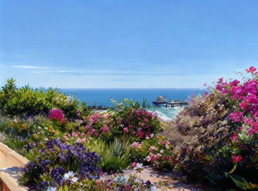 Coastal painting with lush flowers, pier, blue sea, and clear sky