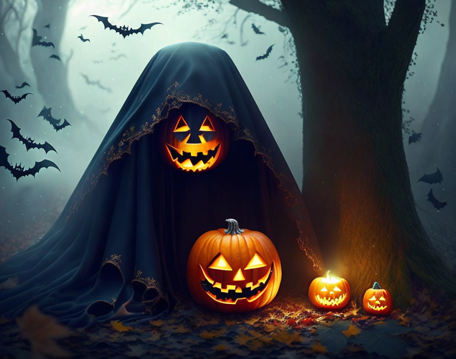 Creepy Halloween scene with cloaked figure, pumpkins, bats, and misty forest