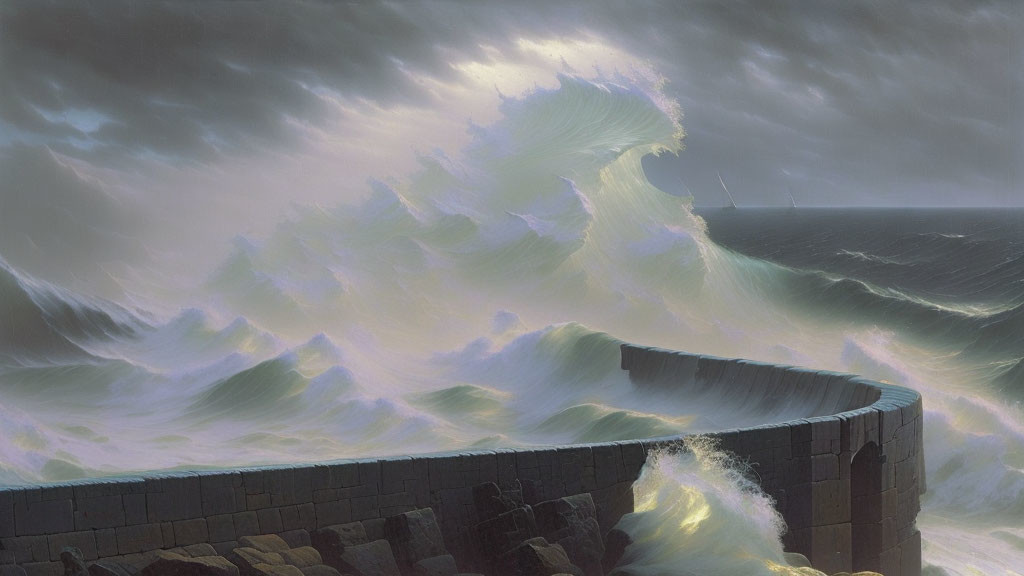 Towering wave crashing over stone pier under stormy sky