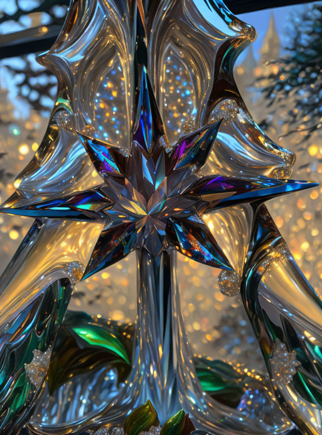 Reflective Christmas star ornament with intricate designs and festive lights backdrop