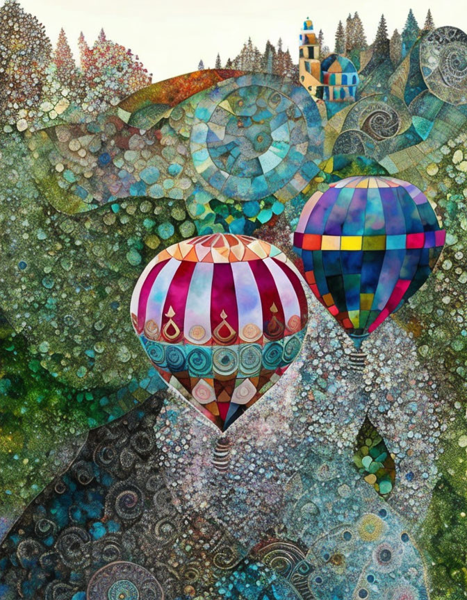 Vibrant hot air balloons over textured mosaic landscape