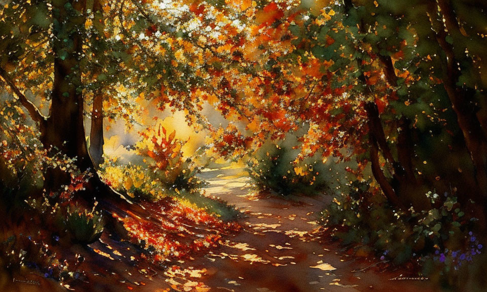 Sun-dappled autumn forest path in vibrant watercolor