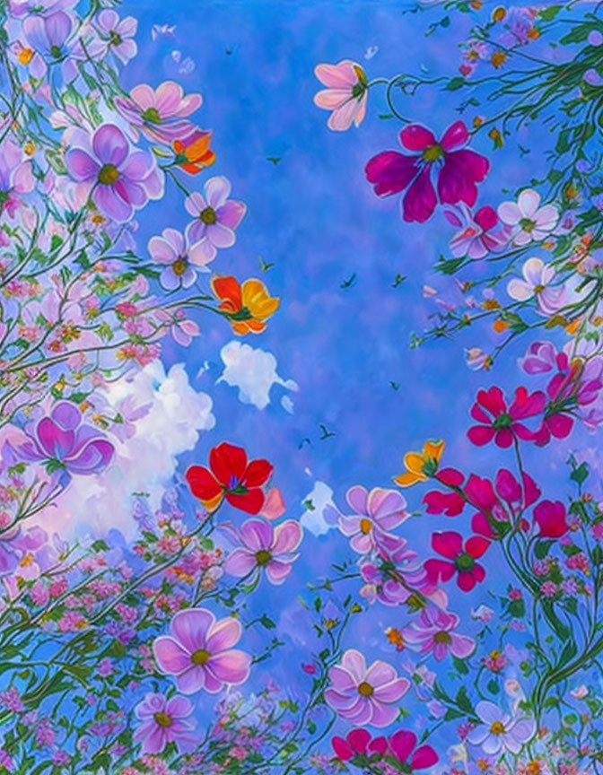 Colorful Flowers Painting Against Blue Sky and Clouds