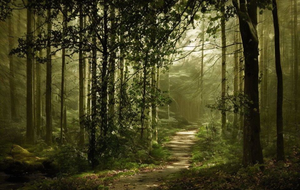 Tranquil forest path with sunlight filtering through trees