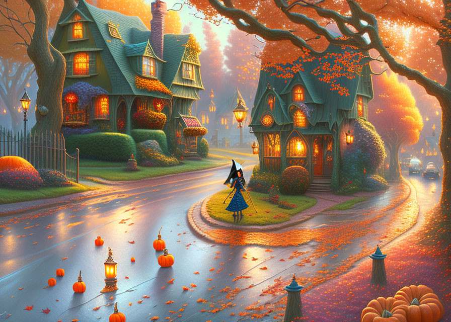 Child in costume strolling in autumn street with lanterns, pumpkins & fallen leaves