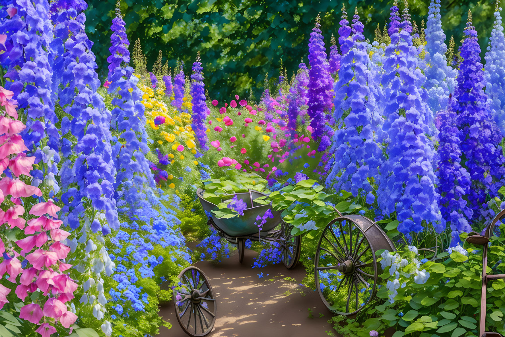 Colorful garden path with delphiniums and pink blooms, leading to wooden wheelbarrow