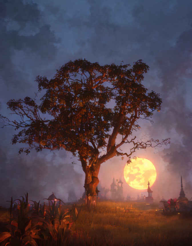 Solitary tree under glowing moon with distant pagodas in misty landscape