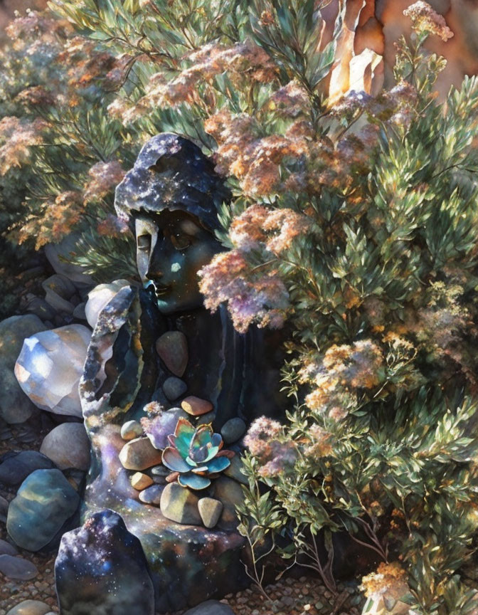 Tranquil garden statue blending with greenery and rocks