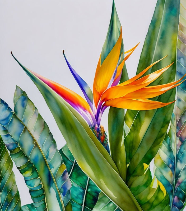 Colorful Bird-of-Paradise Flower with Green Leaves on Light Background