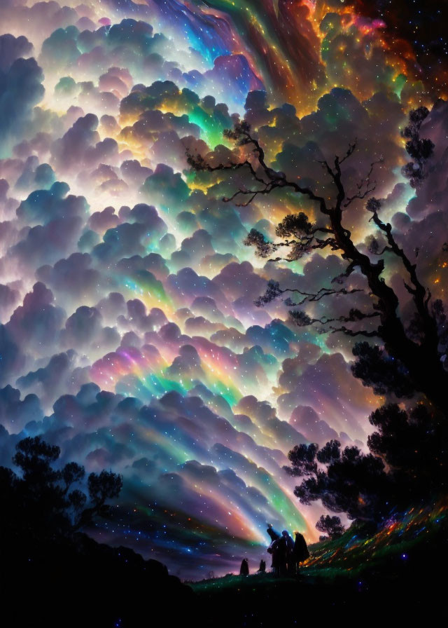 Night sky with silhouetted figures and tree under vibrant, multicolored clouds.