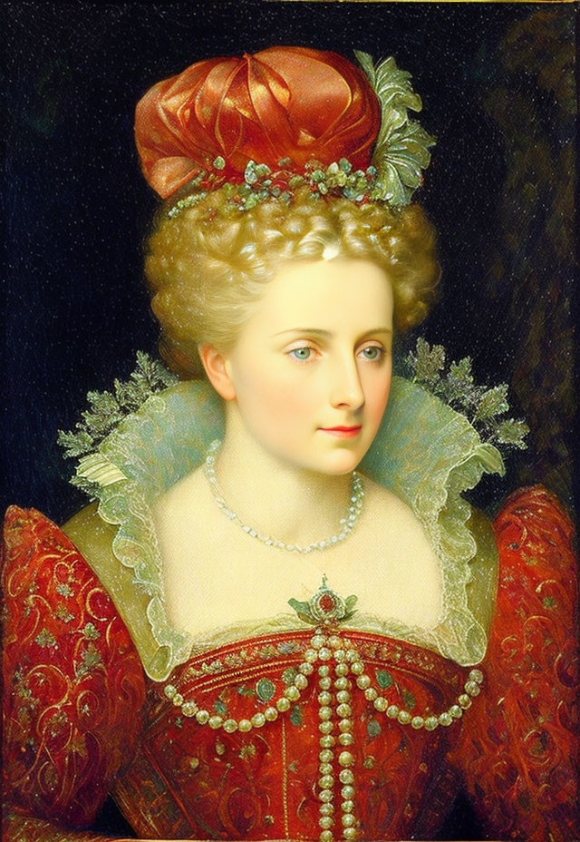 Woman portrait with red headpiece, lace collar, pearl necklace, and jeweled red dress