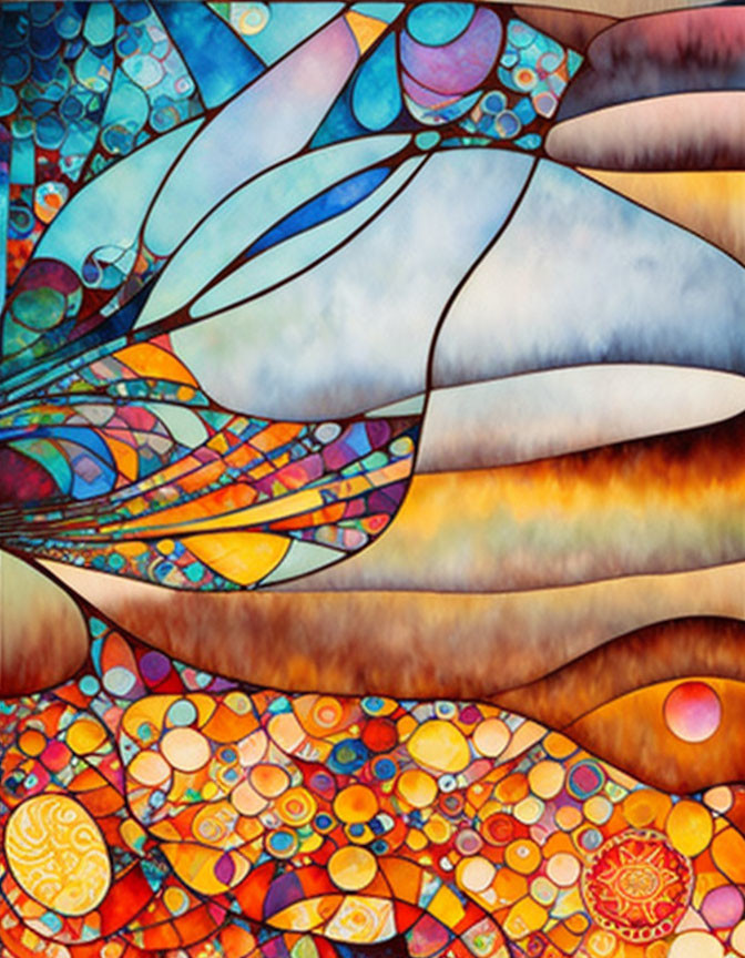 Colorful abstract painting with swirling patterns in blue, orange, and brown.