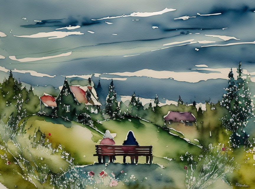 Scenic watercolor painting of two people on bench in village setting