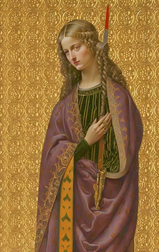 Digital Art: Woman in Renaissance-style attire with sword on golden background