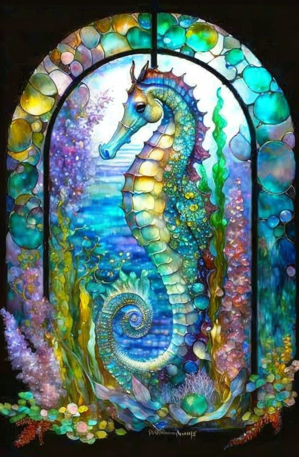 Colorful Seahorse Artwork with Stained-Glass Style Marine Theme