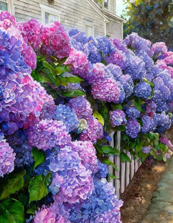 Pink and purple hydrangea bushes by white picket fence and gray-shingled house