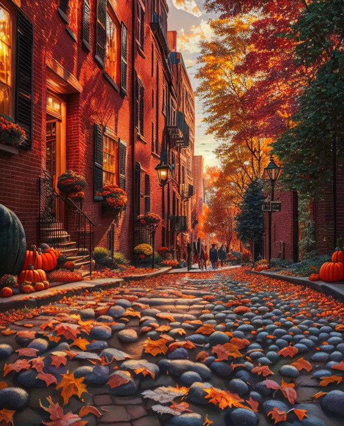 Autumn cityscape with cobblestone street, pumpkins, fallen leaves.