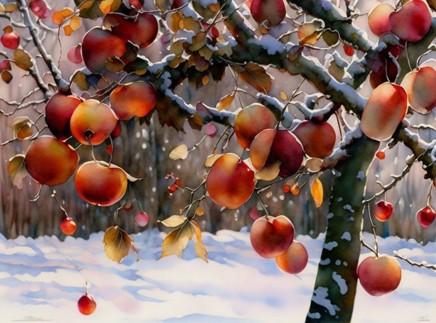 Ripe apples on tree branches in snow-covered scene