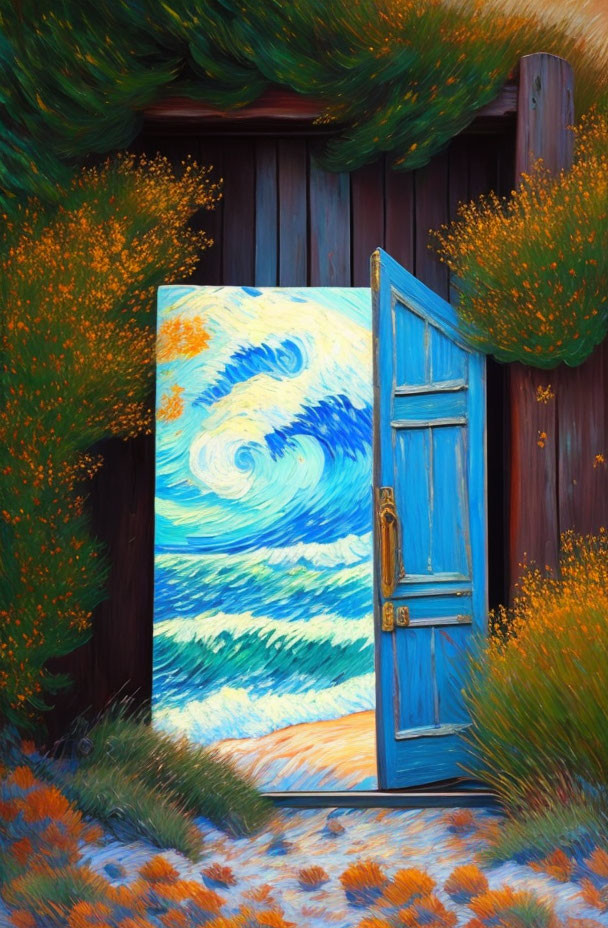 Blue door with Van Gogh-style starry night sky, orange flowers, and green foliage.