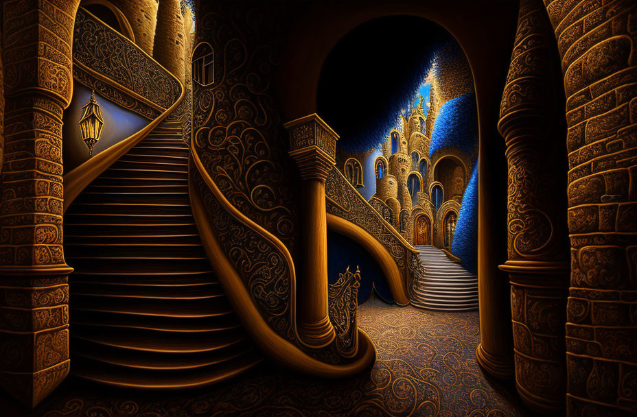 Fantastical castle hallway with golden staircases and glowing lanterns