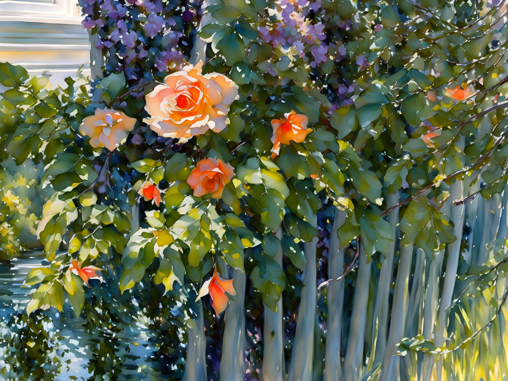 Sunlit garden watercolor painting with blooming orange roses