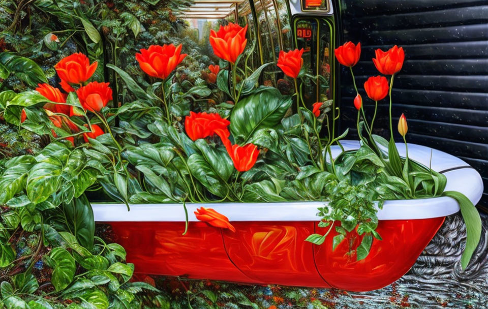 Vintage Red Bathtub Overflowing with Red Tulips and Greenery