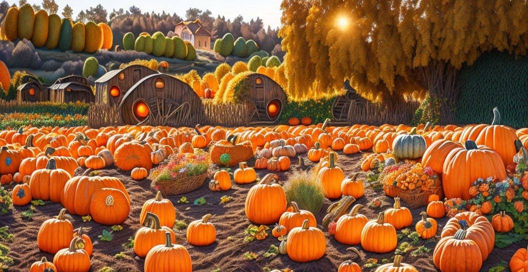 Colorful pumpkin patch with wooden huts and sunset landscape