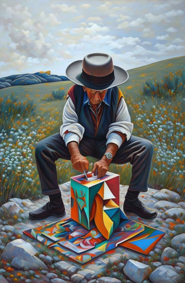 Man in traditional attire paints geometric cube in meadow landscape