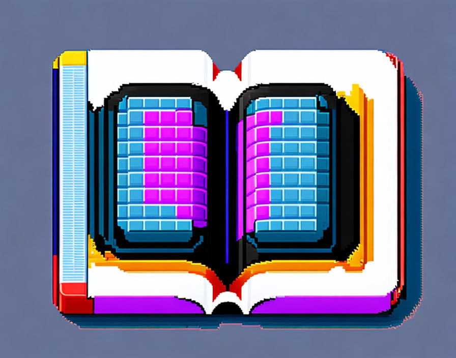 Pixelated hardcover book with colorful skyscraper graphics in digital city concept.