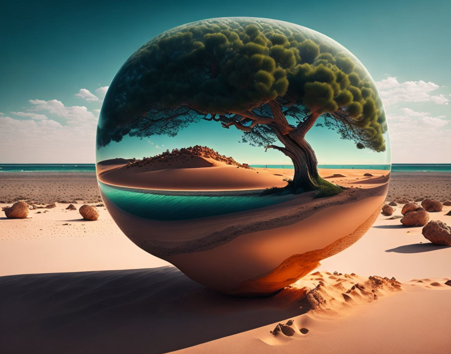 Surreal desert landscape with lone tree in reflective sphere