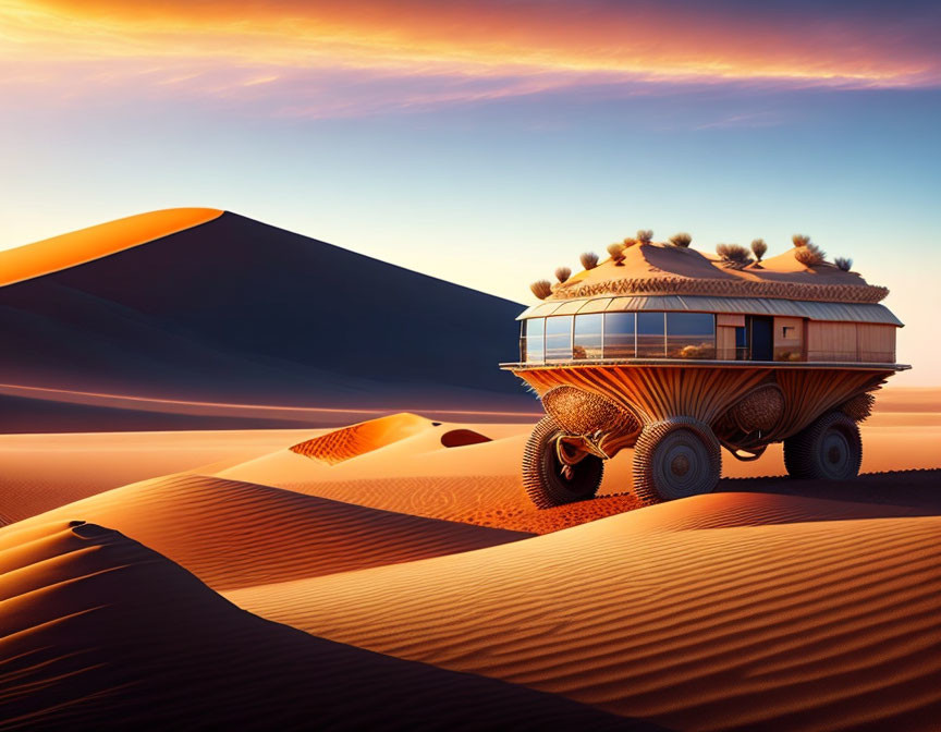 Futuristic mobile home on large wheels in desert sunset.