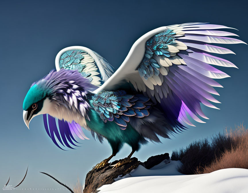 Majestic mythical bird with blue and purple feathers on snowy perch