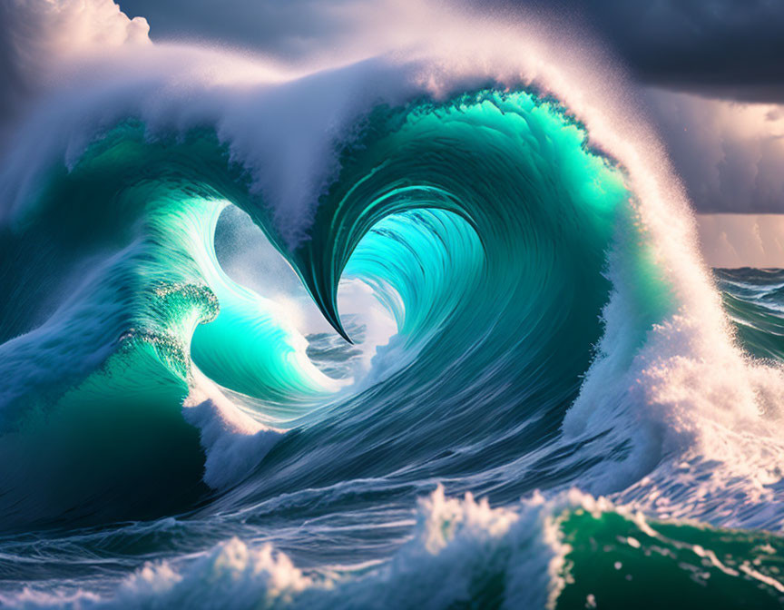 Turquoise wave tunnel against stormy sky captured.