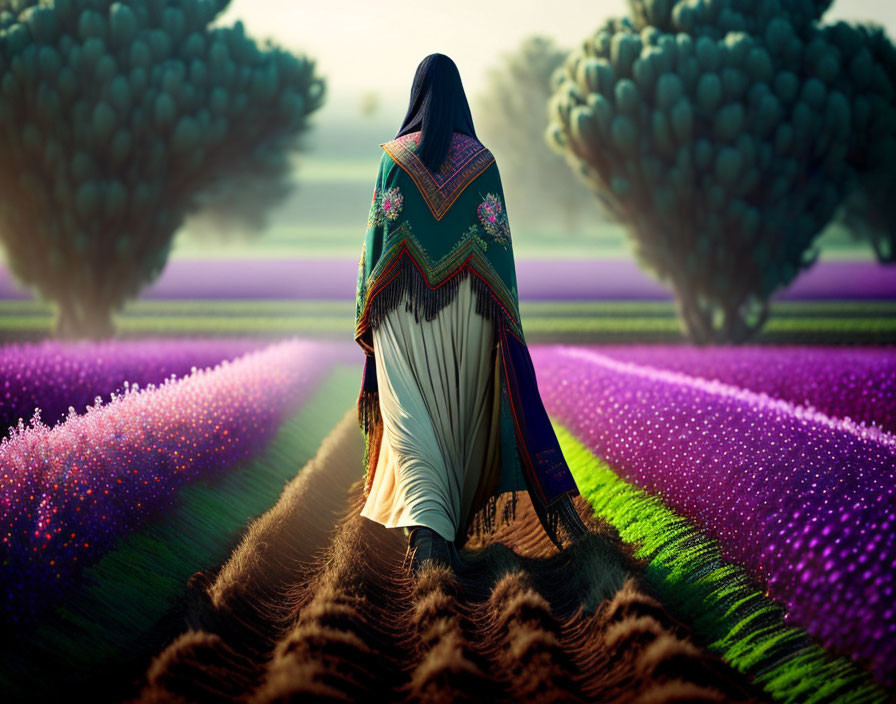 Vibrant lavender field at sunset with person in traditional shawl