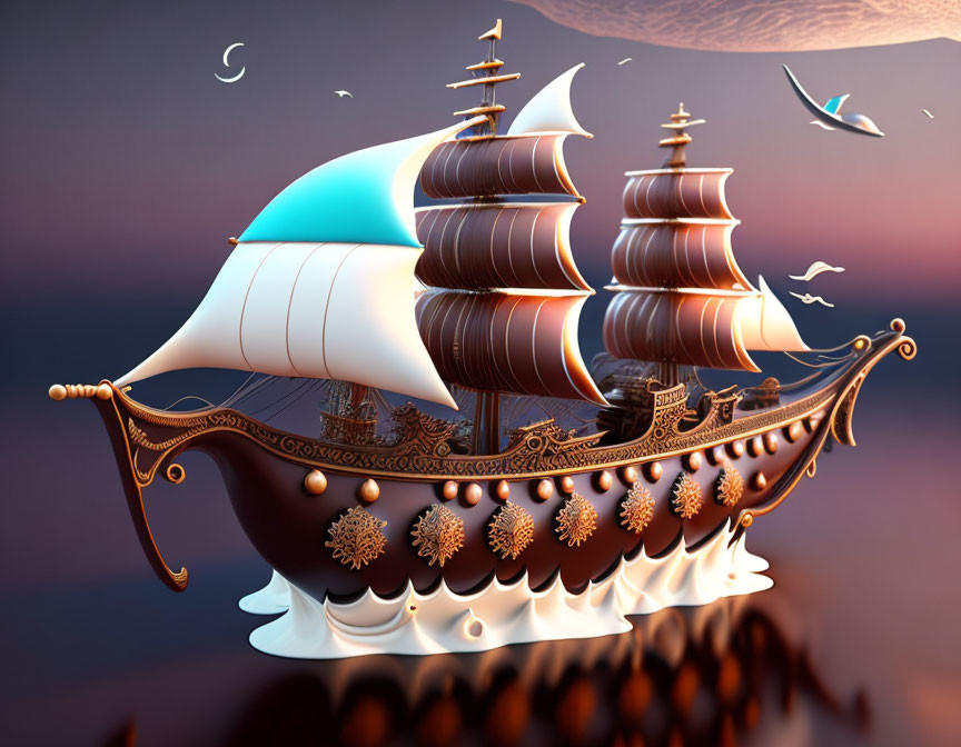 Fantastical ship with billowing sails in sunset sky with paper birds