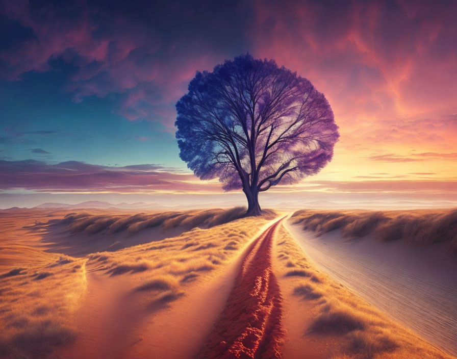 Lone tree on sandy path under purple and orange skies