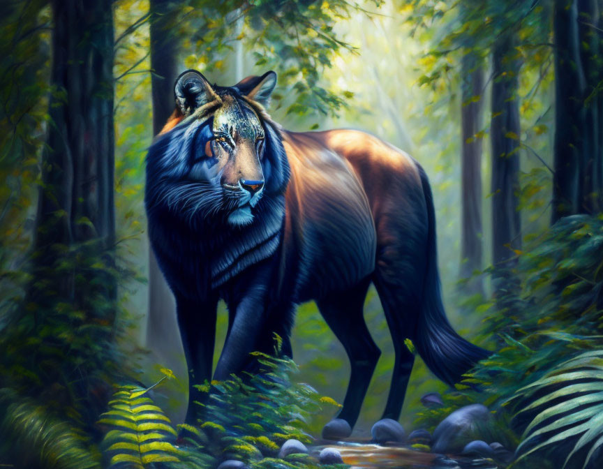 Tiger-bodied creature with human face in sunlit forest