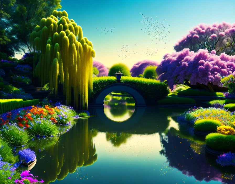 Vibrant fantasy garden with flowers, pond, bridge