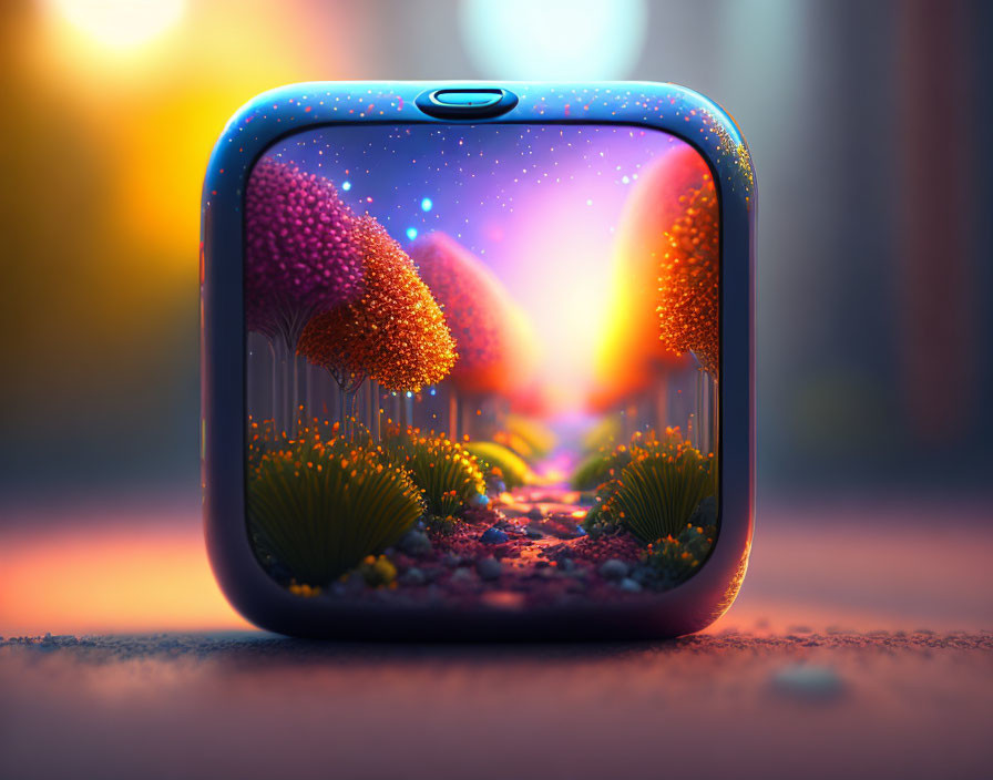 Surreal landscape in glass cube with vibrant trees under starry sky