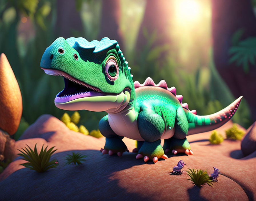 Colorful Cartoon Dinosaur in Prehistoric Forest with Warm Sunlight