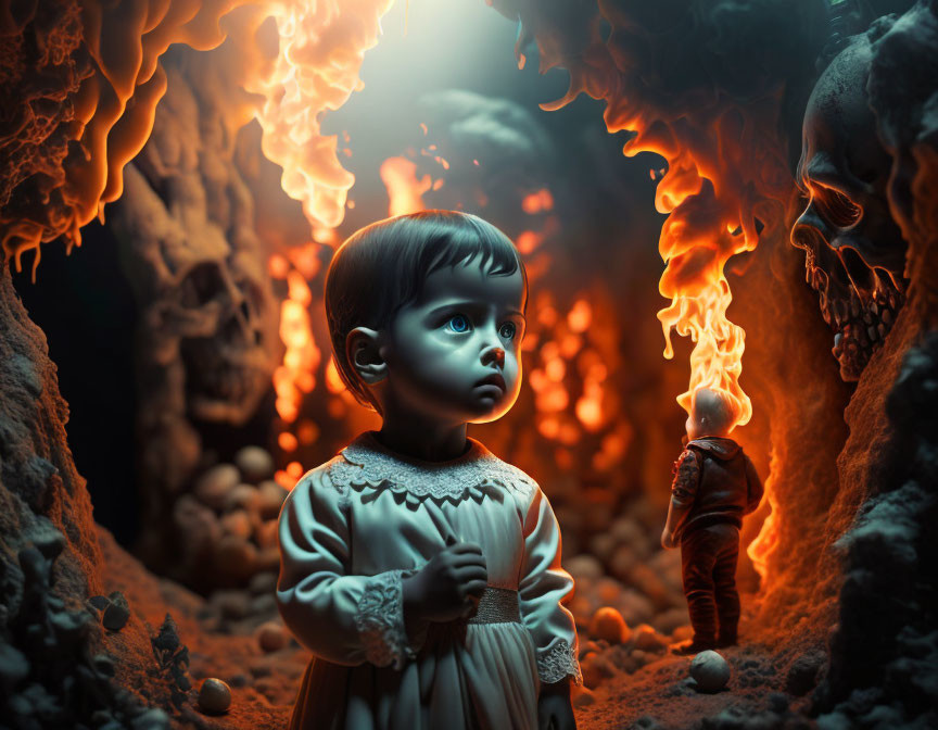 Child in white dress in surreal fiery landscape with skull and torchbearer