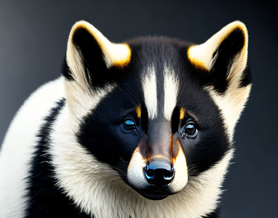 Detailed close-up of black and white badger on dark background