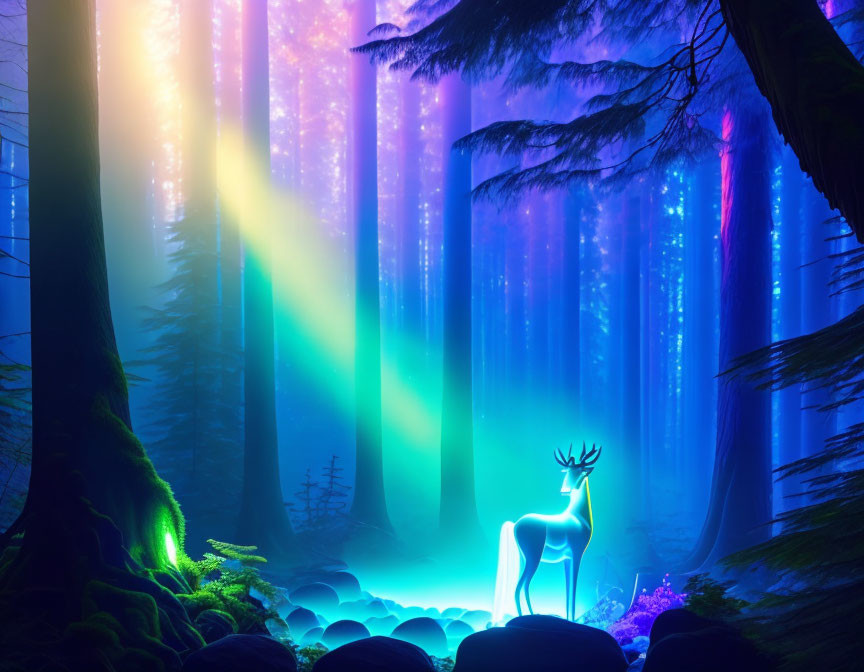 Ethereal light illuminates mystical stag in enchanted forest