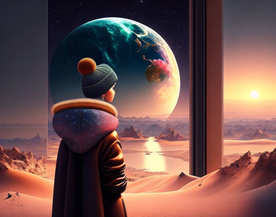 Person in Winter Attire Gazes at Oversized Earth in Surreal Landscape