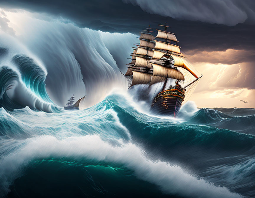 Tall ship navigating stormy seas with towering waves and dark clouds