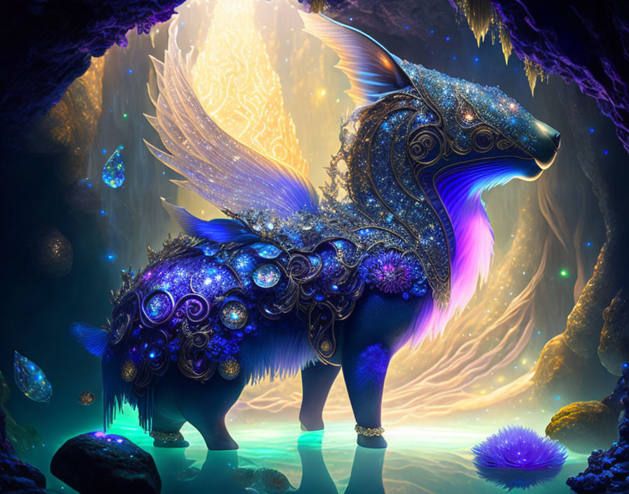 Sparkling jeweled fox creature with wings in luminous cave