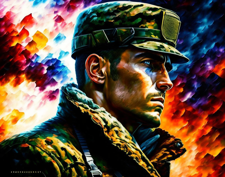 Colorful soldier portrait in camo uniform on fiery backdrop