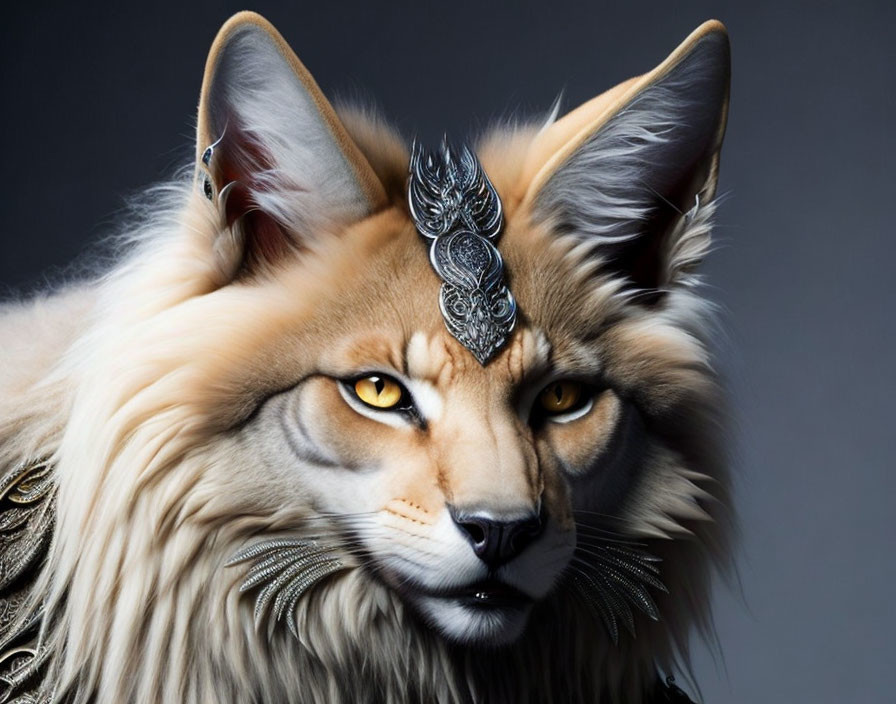 Fantasy human-feline hybrid with ornate jewelry and intense eyes